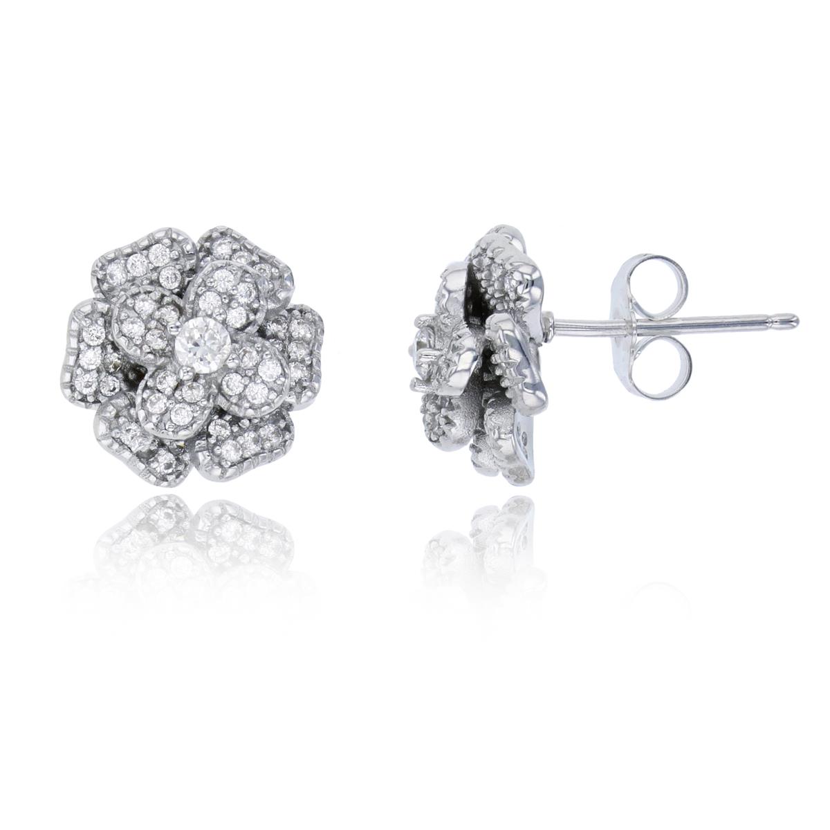 Sterling Silver Rhodium Micropave Flower Stud Earring