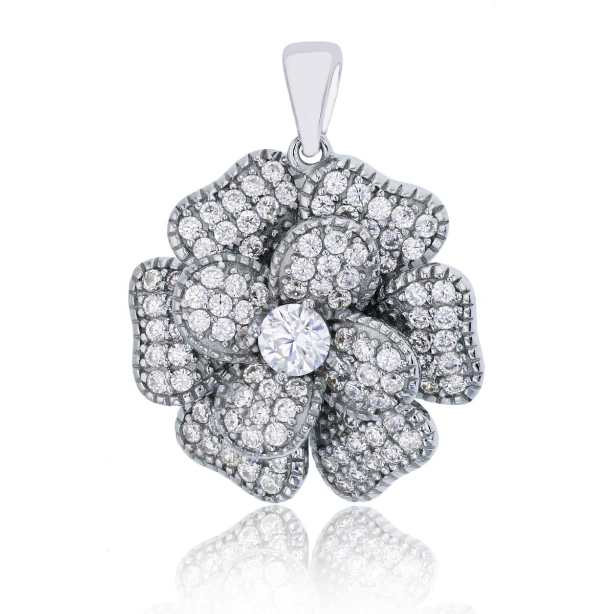 Sterling Silver Rhodium Micropave Flower Pendant