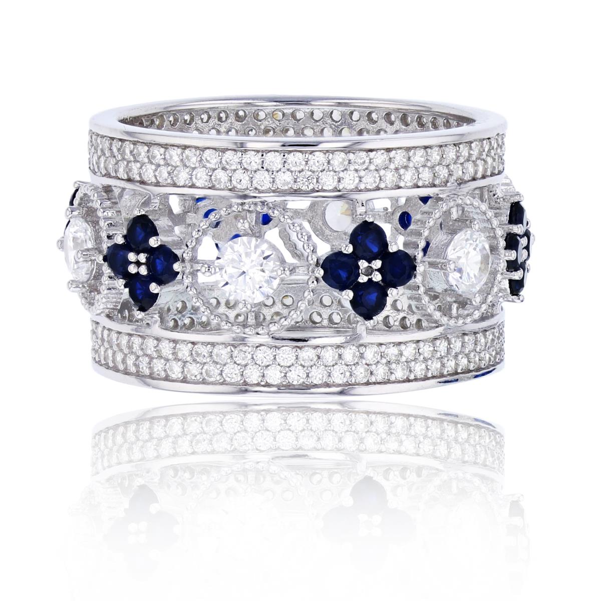 Sterling Silver Rhodium Micropave Alternating Sapphire Clover & 3.5mm Rd CZ Eternity Ring