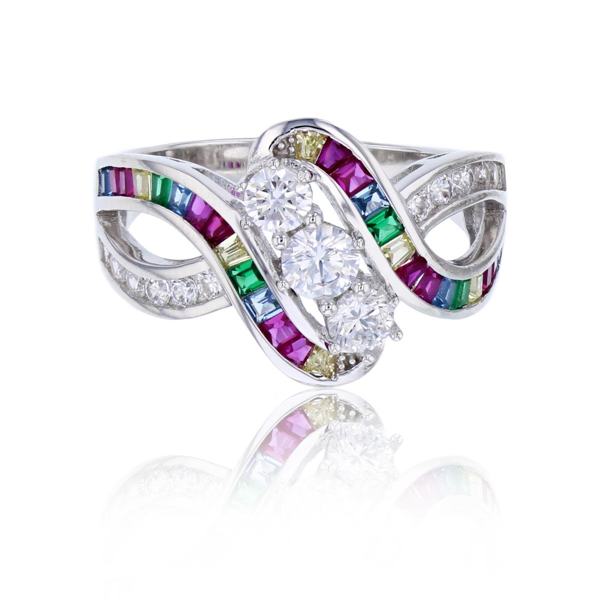 Sterling Silver Rhodium Multi Color Rd & Baguette CZ Highway Fashion Ring