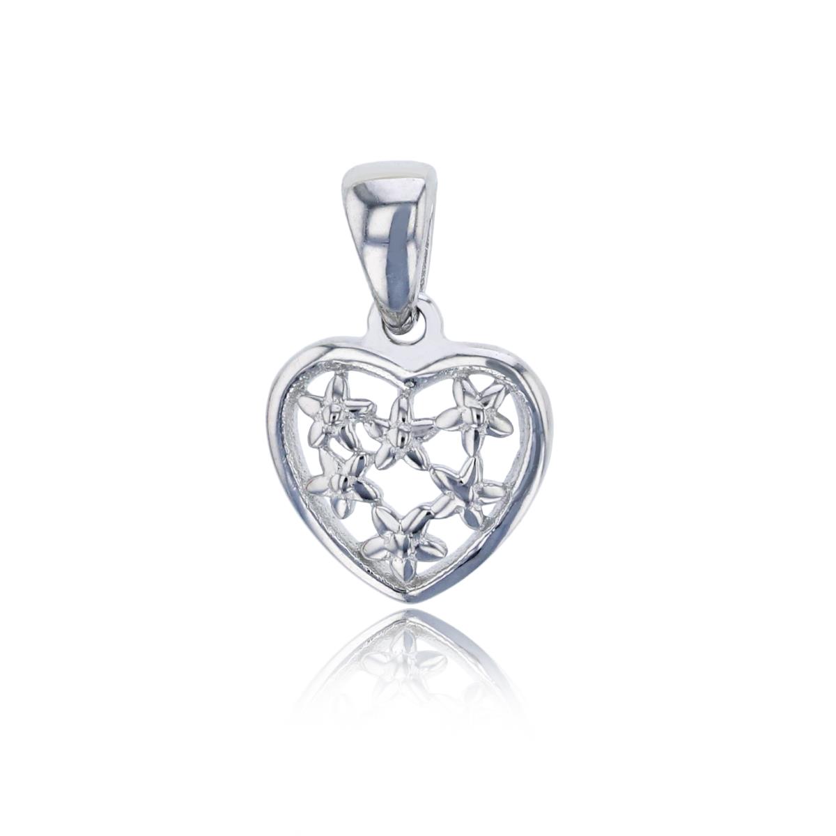 Sterling Silver Rhodium Polished Heart with Stars Pendant