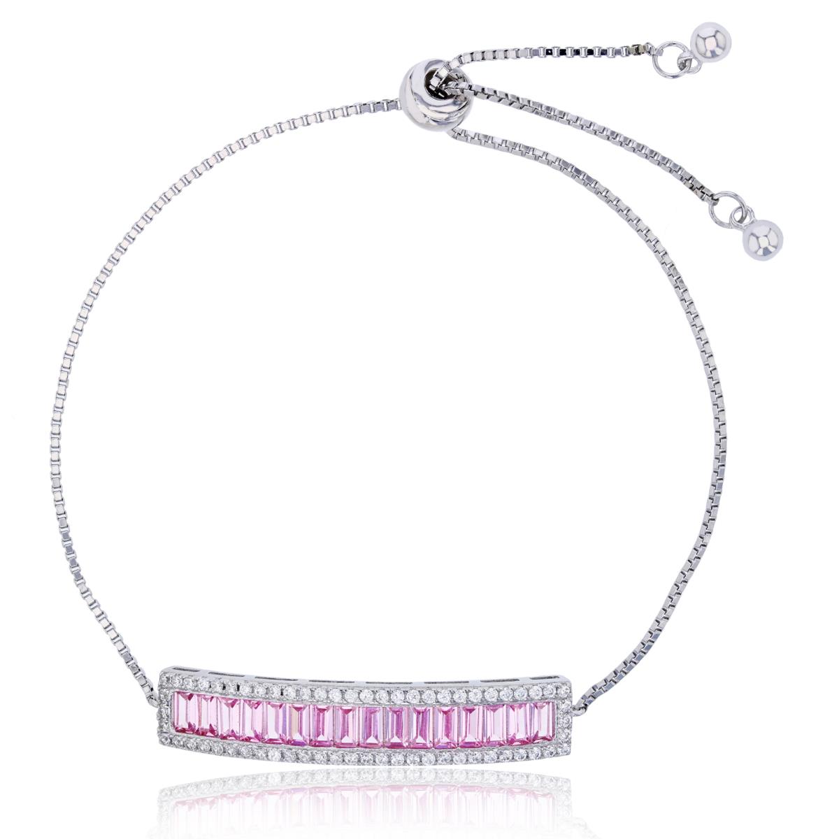 Sterling Silver Rhodium Pink & White Pave Baguette & Rd Cut Bar Adjustable Bracelet