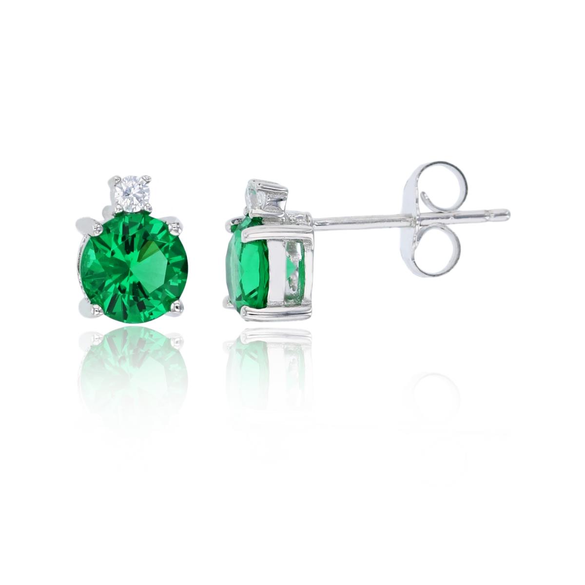 Sterling Silver Rhodium 2mm White & 6mm Green Round Cut Stud Earring