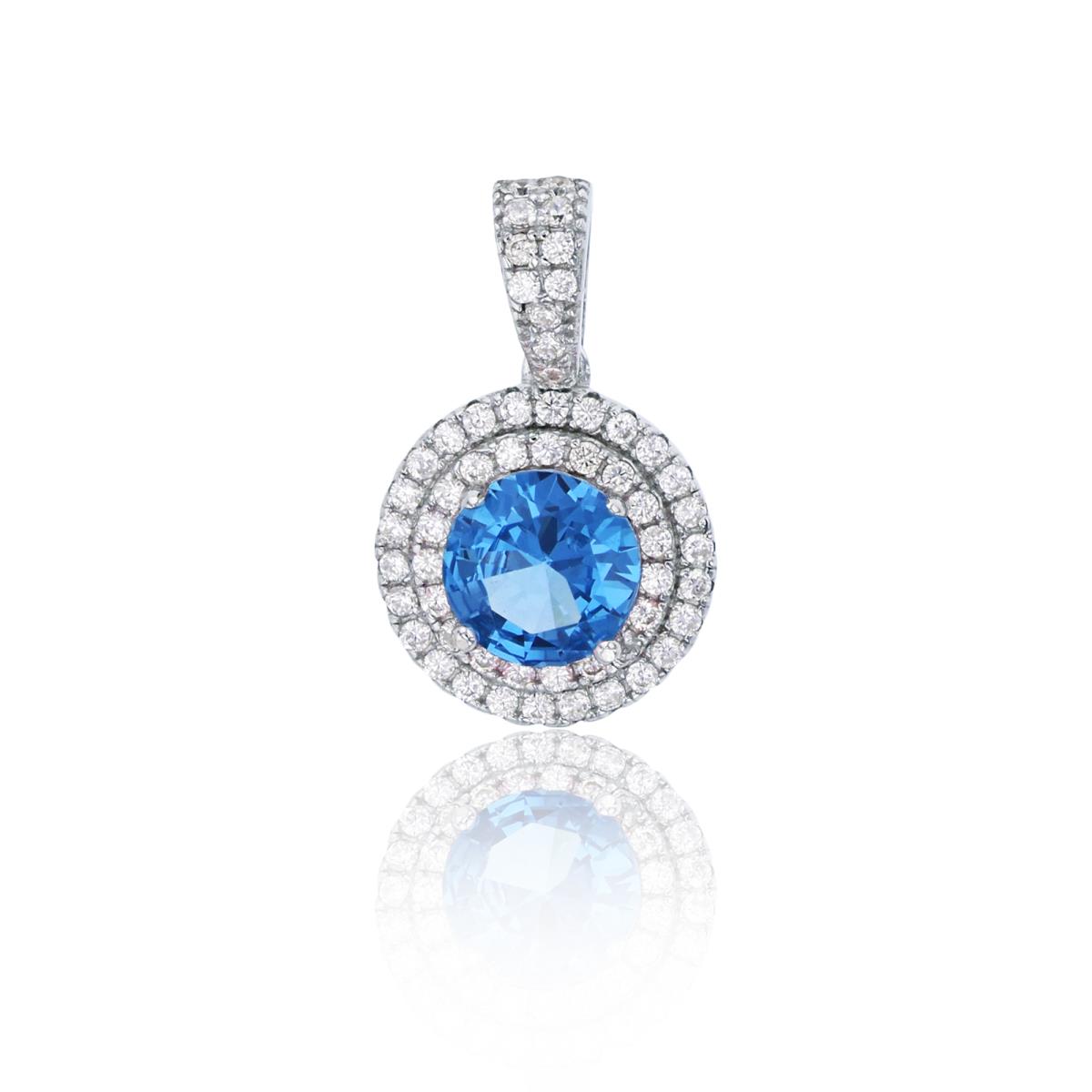 Sterling Silver Rhodium 6mm Blue Apatite Round Cut Double White Halo Dangling Pendant