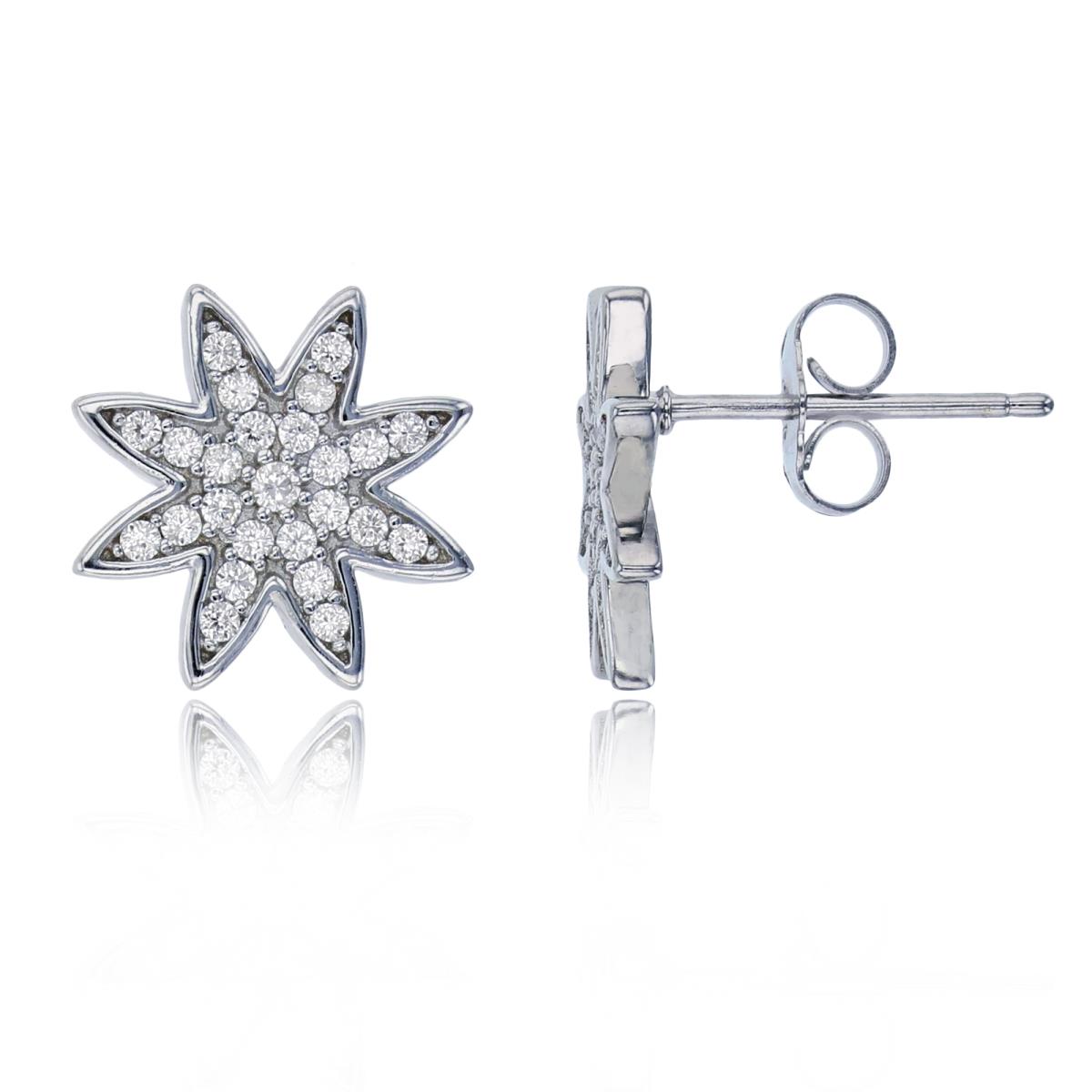 Sterling Silver Rhodium Micropave Sunflower Stud Earring