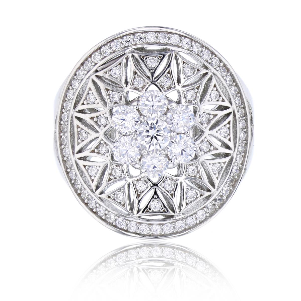 Sterling Silver Rhodium Cluster & Micropave Sunburst Fashion Ring