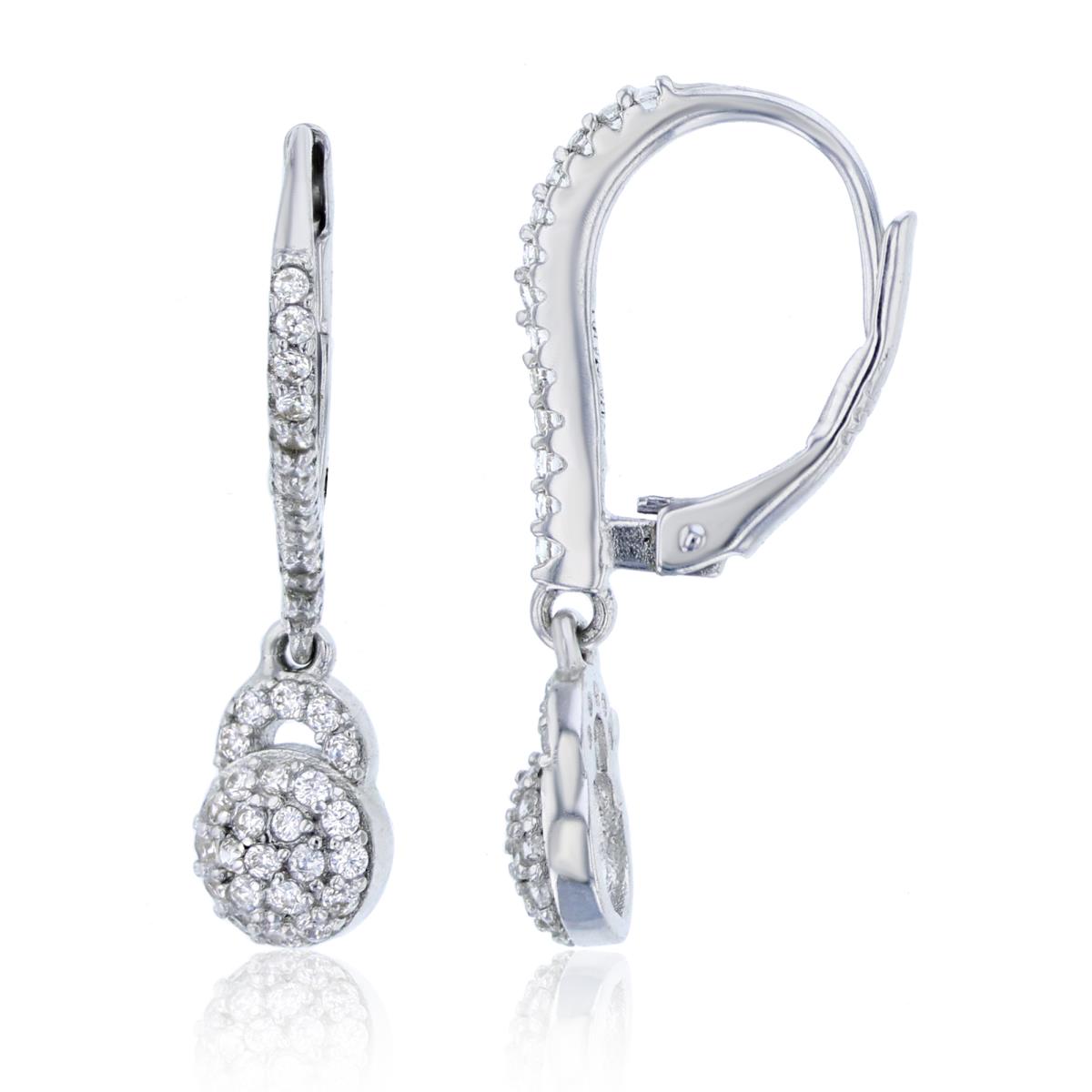 Sterling Silver Rhodium 26x6mm Micropave Round Lock Lever-Back Dangling Earring