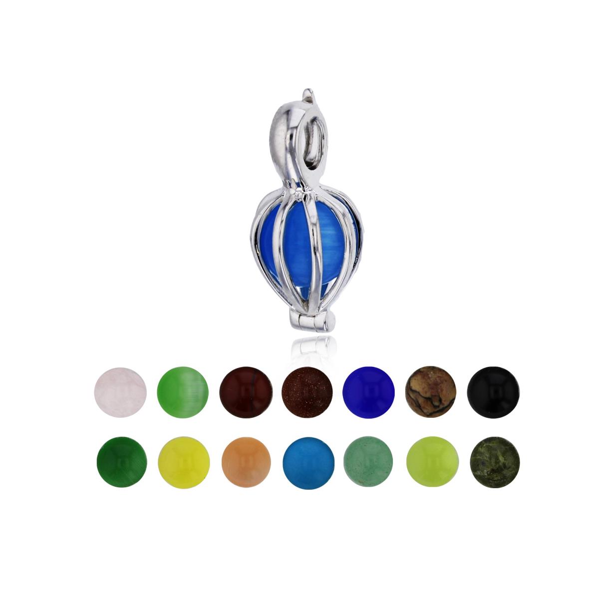 Sterling Silver Rhodium 14 Color Interchangeable Semi-Precious Gem Pear Shaped Cage Pendant