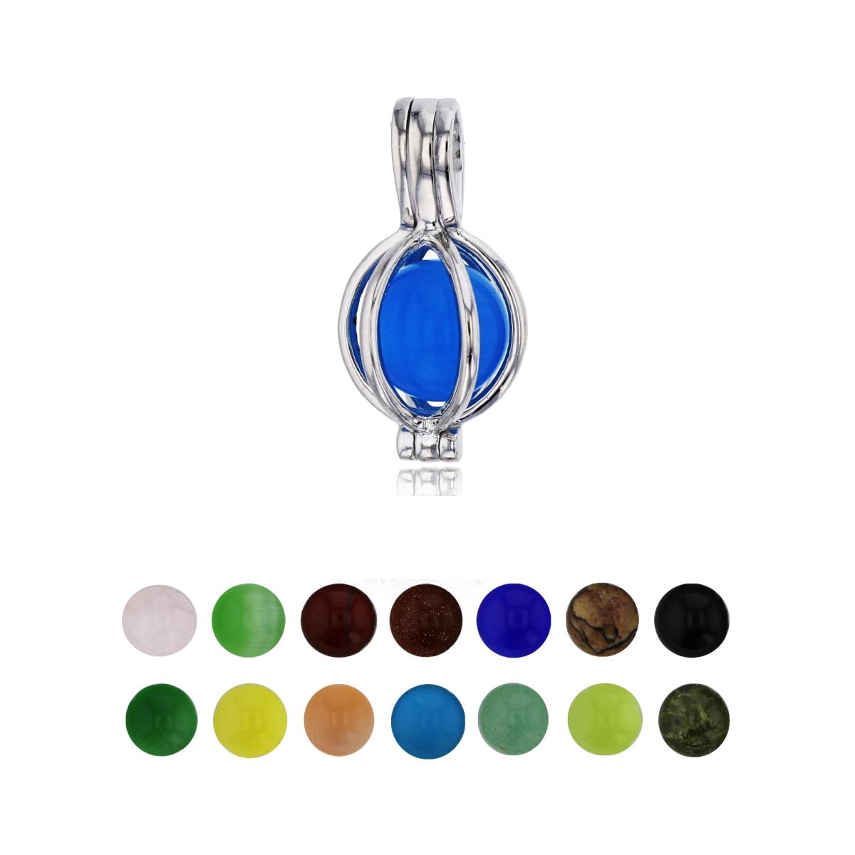 Sterling Silver Rhodium 14 Color Interchangeable Semi-Precious Gem Oval Cage Pendant