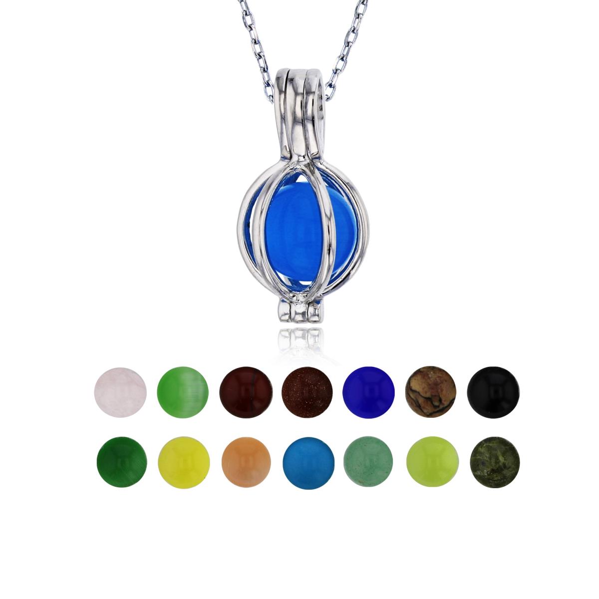 Sterling Silver Rhodium 14 Color Interchangeable Semi-Precious Gem Round Cage 13"+2" Necklace
