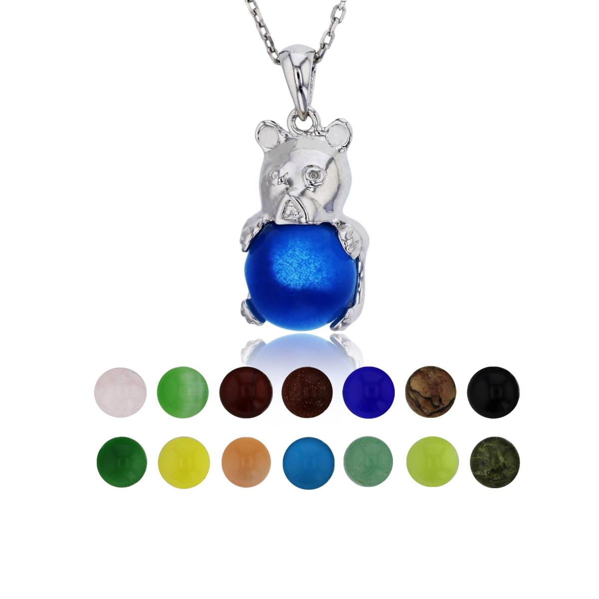 Sterling Silver Rhodium 14 Color Interchangeable Semi-Precious Gem Teddy Bear 13"+2" Necklace