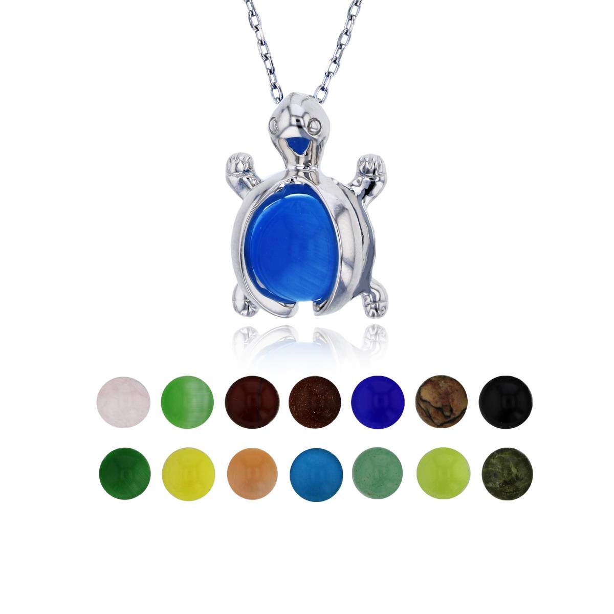 Sterling Silver Rhodium 14 Color Interchangeable Semi-Precious Gem Turtle 13"+2" Necklace