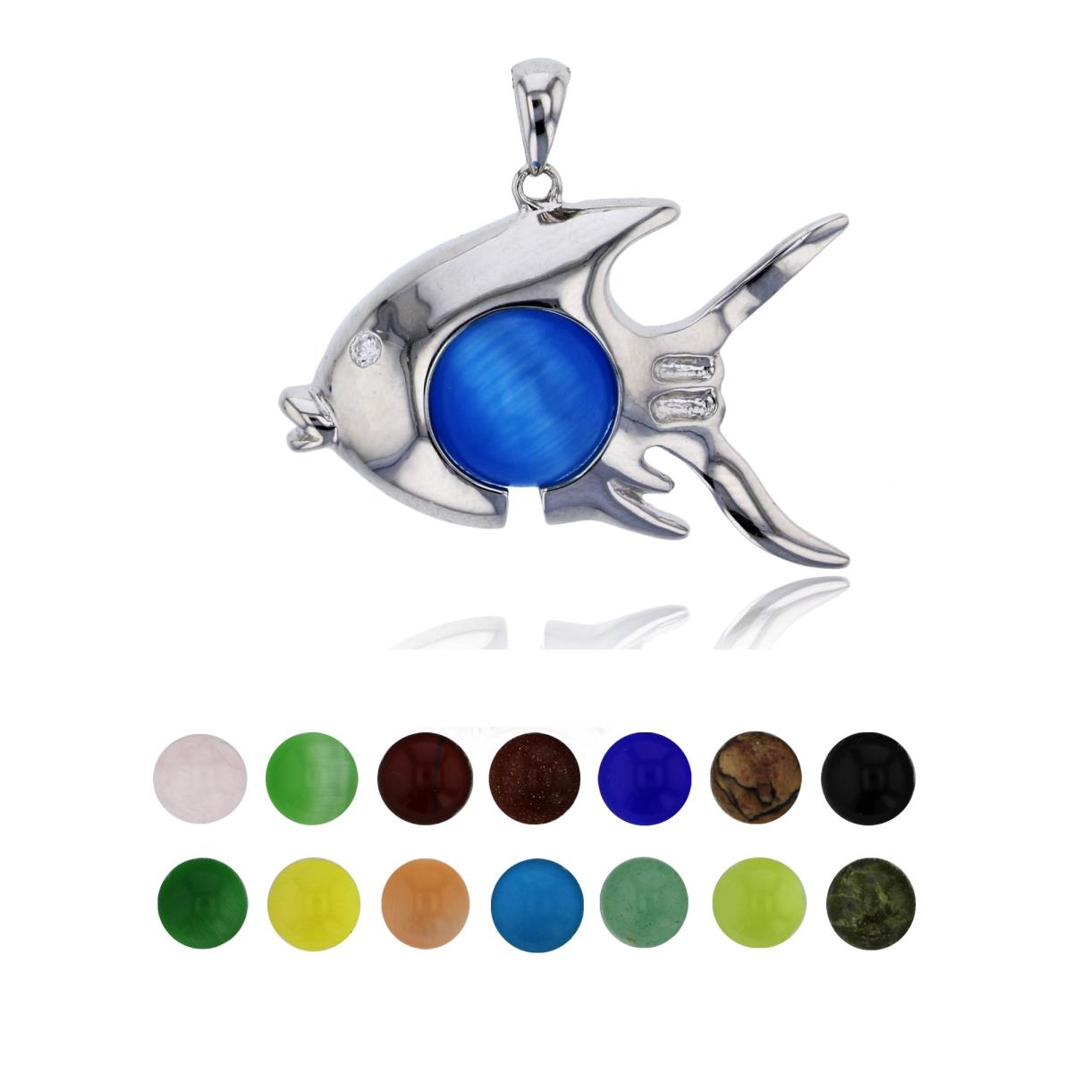 Sterling Silver Rhodium 14 Color Interchangeable Semi-Precious Gem Fish Pendant
