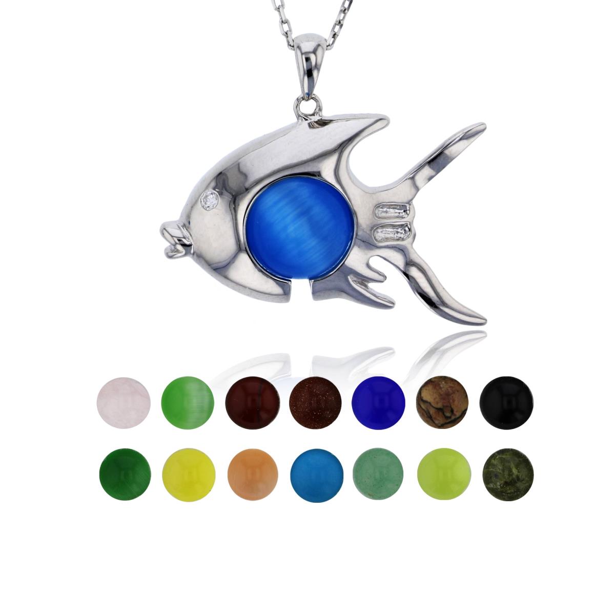 Sterling Silver Rhodium 14 Color Interchangeable Semi-Precious Gem Fish 13"+2" Necklace