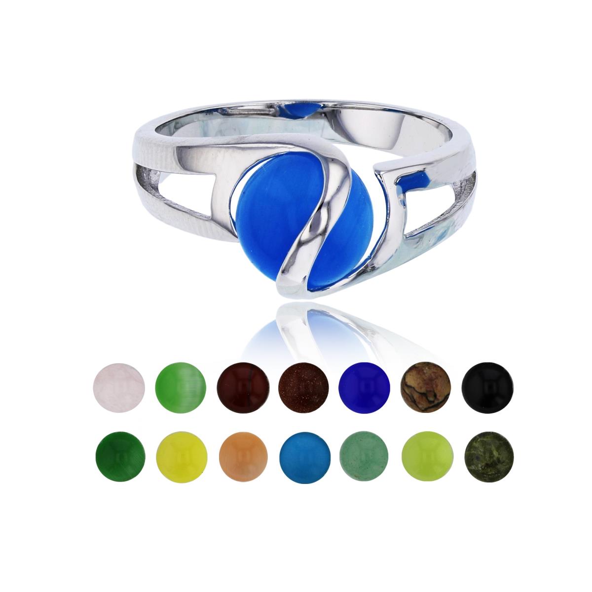 Sterling Silver Rhodium 14 Color Interchangeable Semi-Precious Gem Magic Sphere Fashion Ring