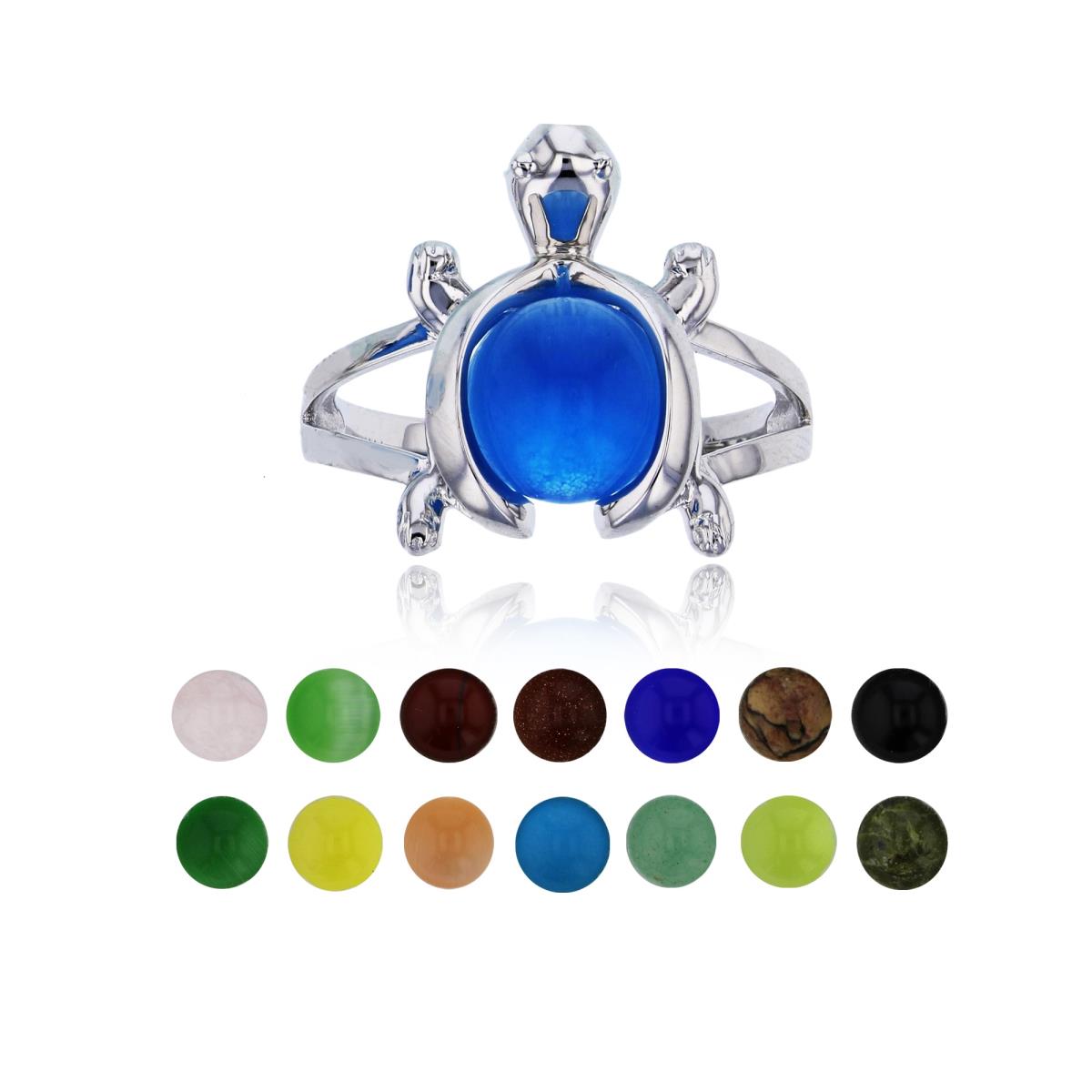Sterling Silver Rhodium 14 Color Interchangeable Semi-Precious Gem Polished Tortoise Fashion Ring
