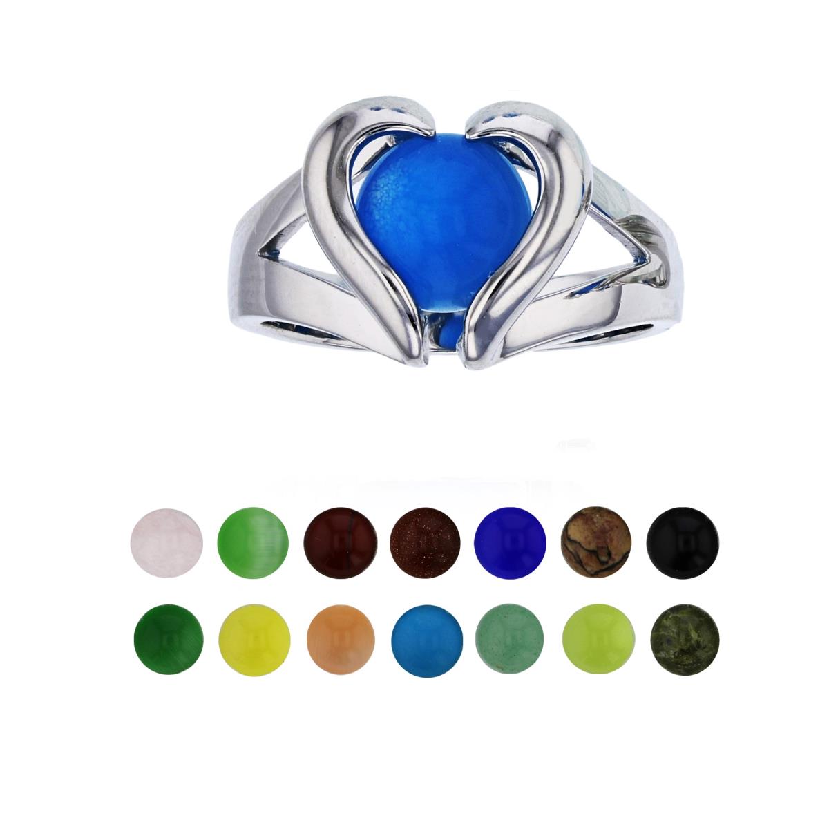 Sterling Silver Rhodium 14 Color Interchangeable Semi-Precious Gem Polished Heart Fashion Ring