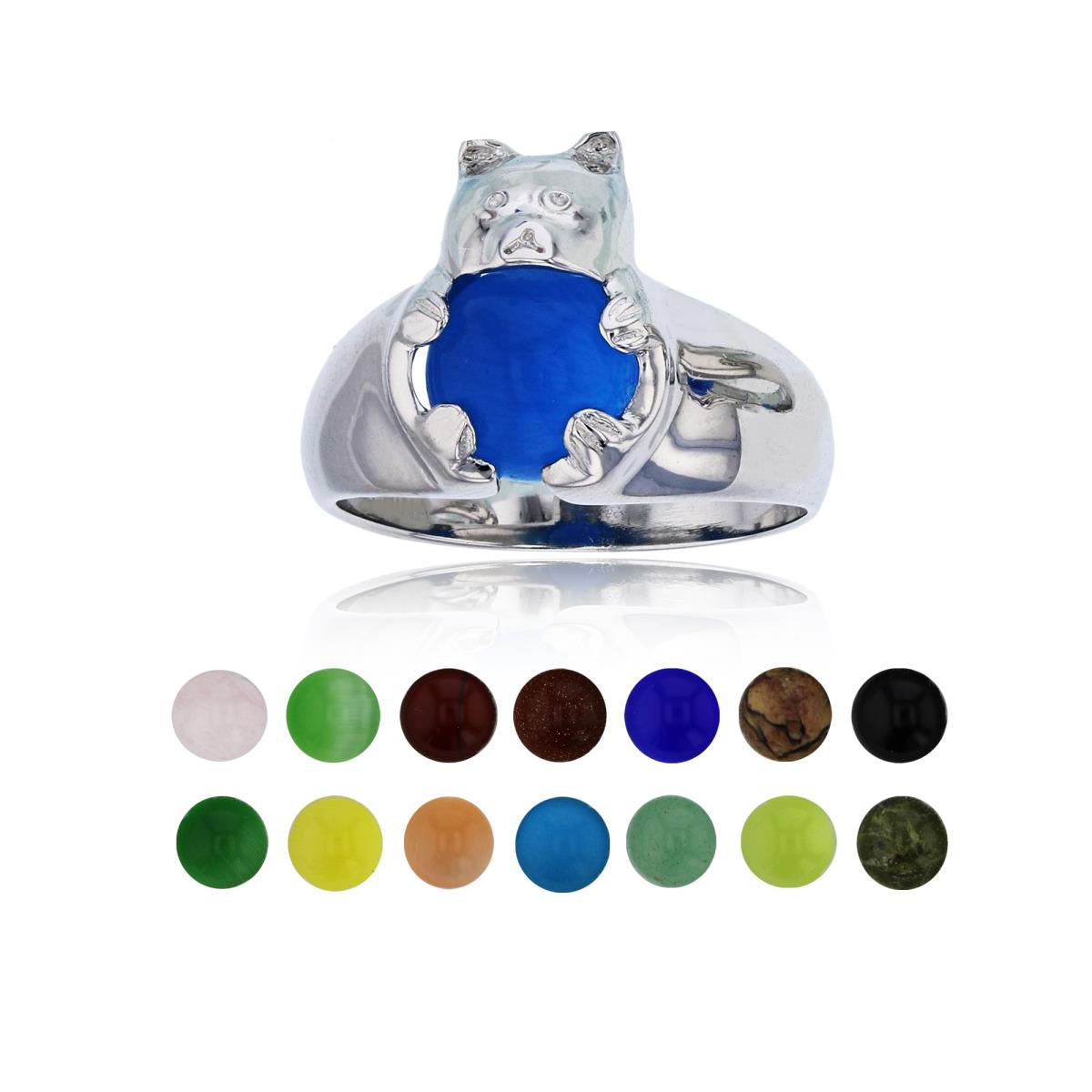 Sterling Silver Rhodium 14 Color Interchangeable Semi-Precious Gem Teddy Bear Fashion Ring
