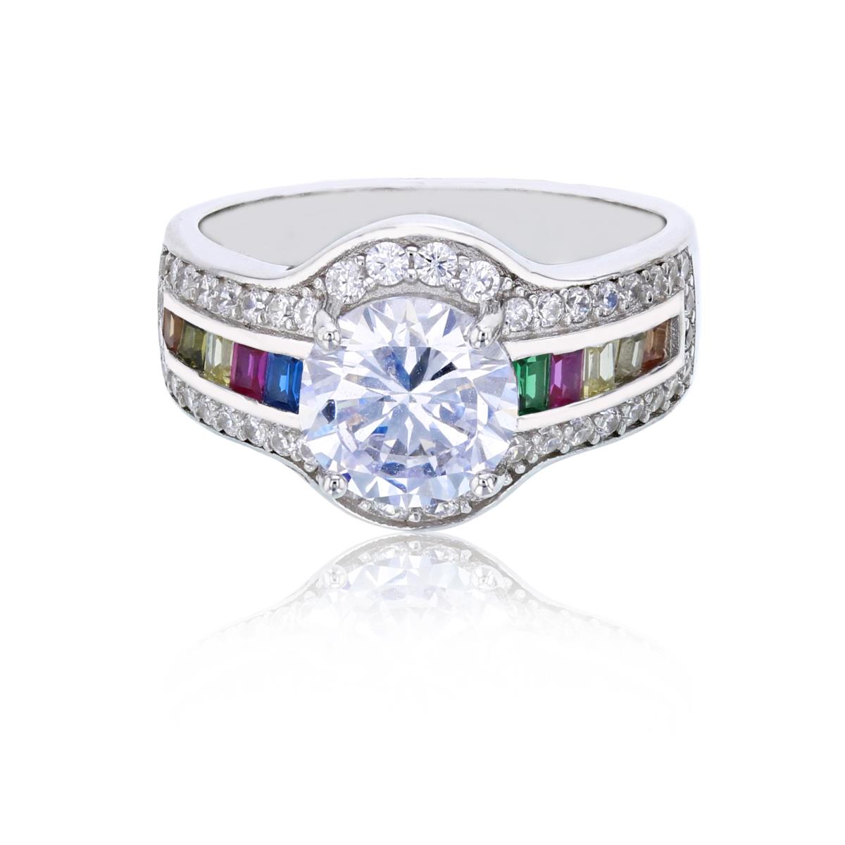 Sterling Silver Rhodium 8mm White Round Cut with Multi Color Pave Baguette & Rd Cut CZ Side Fashion Ring