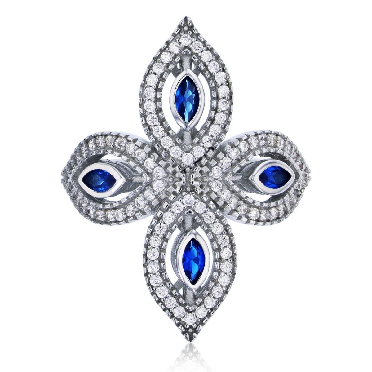 Sterling Silver Rhodium Sapphire Marquise Cut & White Rd CZ 4-Leaf Clover Fashion Ring