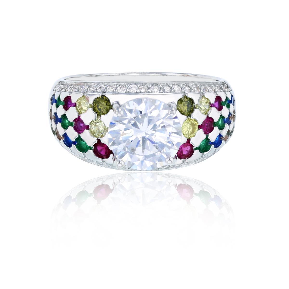 Sterling Silver Rhodium 8mm White Round With Pave Graduated Multi-Color CZ Sides Fashion Ring