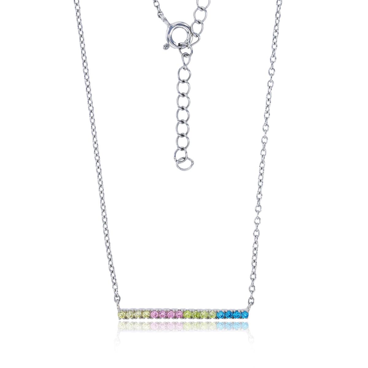 Sterling Silver Rhodium Pave Yellow+Pink+Blue Bar 16"+2" Extender Necklace