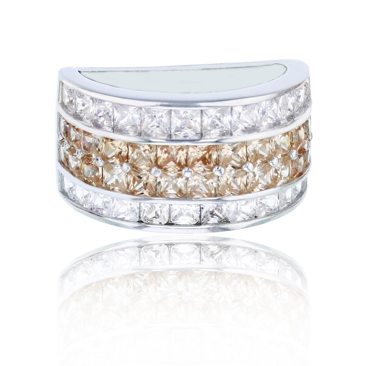 Sterling Silver Rhodium 4-Row Pave Champagne & White Princess Cut CZ Anniversary Band Ring