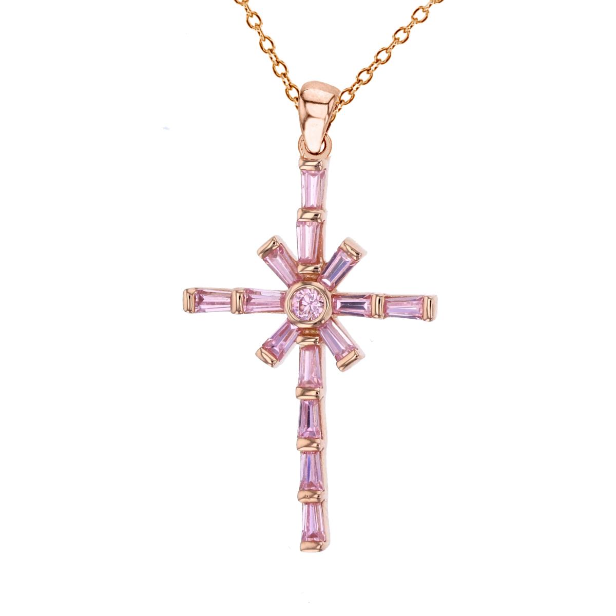 Sterling Silver Rose Pave Pink Baguette CZ Cross with "X" Center Pendant
