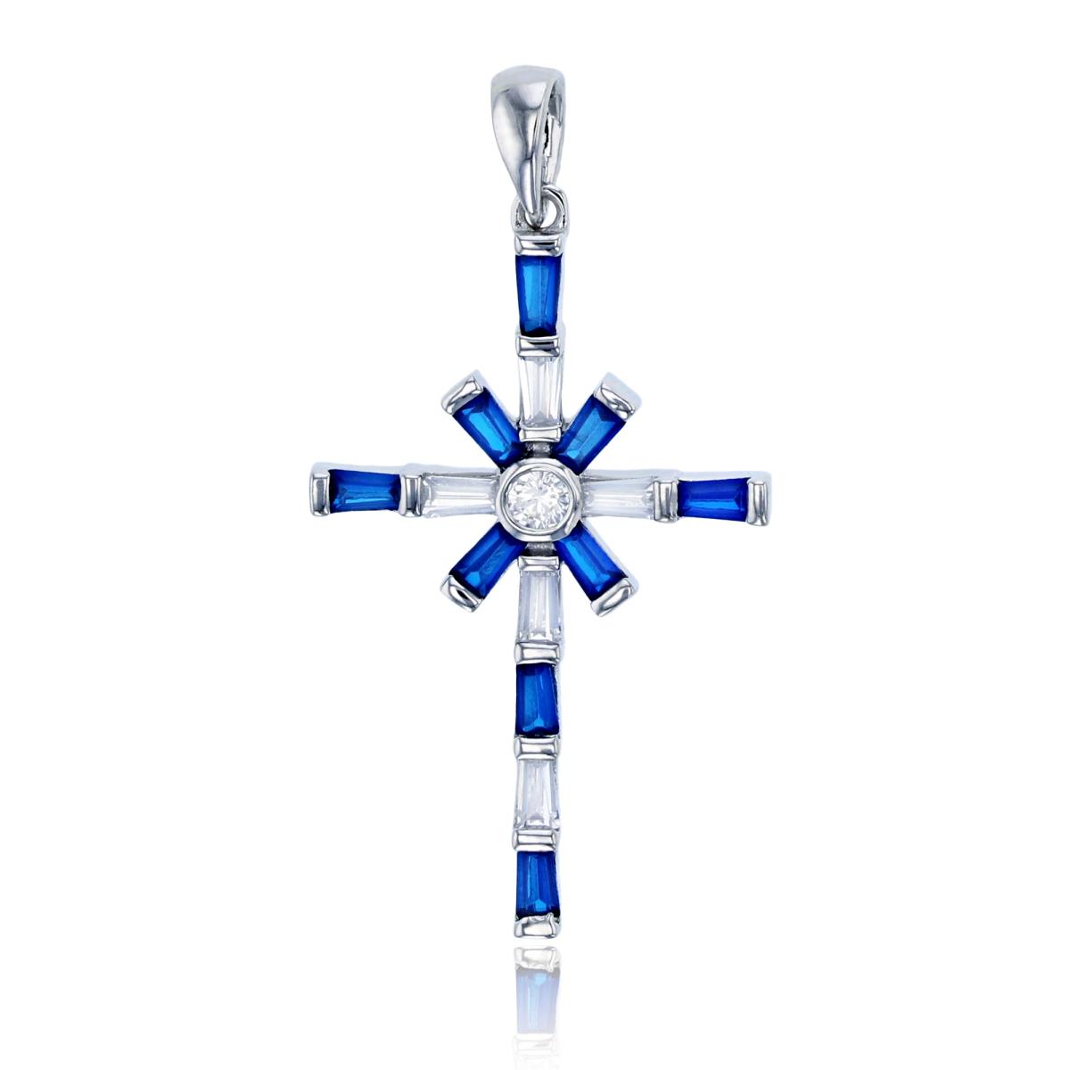 Sterling Silver Rhodium Pave Sapphire & White Baguette CZ Cross with "X" Center Pendant
