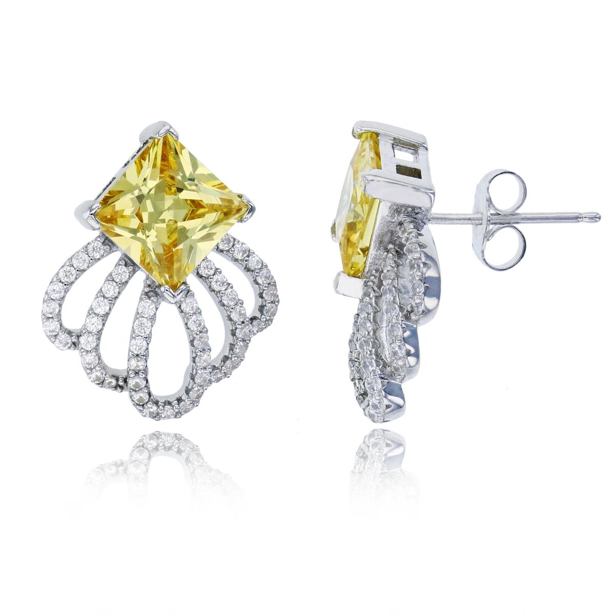 Sterling Silver Rhodium 8mm Canary Yellow Princess Cut & White Rd CZ Crown Stud Earring