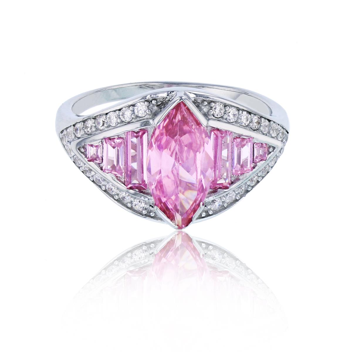 Sterling Silver Rhodium 12x6mm Pink Marquise Cut with Graduated Rd & Baguette CZ Fashion Ring