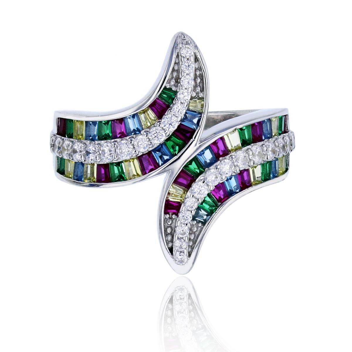 Sterling Silver Rhodium Pave Rd & Multi Color Baguette CZ Bypass Fashion Ring