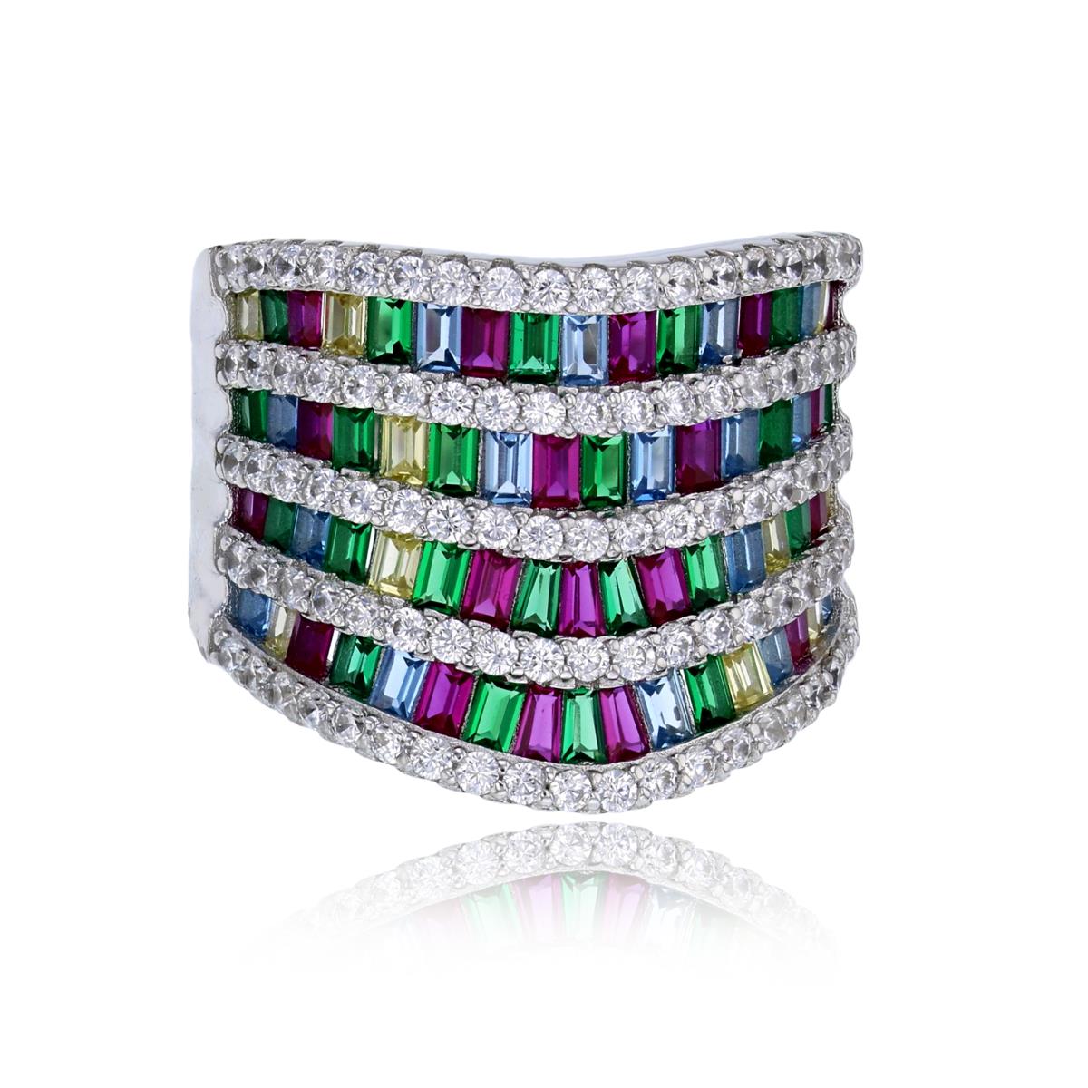 Sterling Silver Rhodium 4-Row Micropave Rd & Multi Color Baguette CZ Concave Fashion Ring