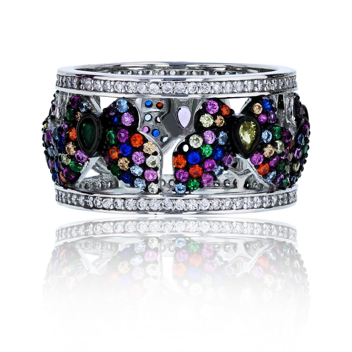 Sterling Silver Black & White Multi Color Rd & Pear Cut CZ Butterfly Eternity Ring