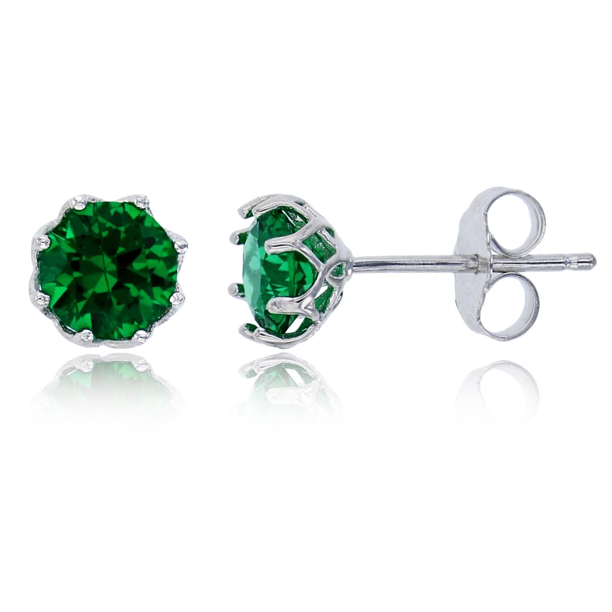 Sterling Silver Rhodium 6mm Emerald Round Cut CZ Solitaire Stud Earring