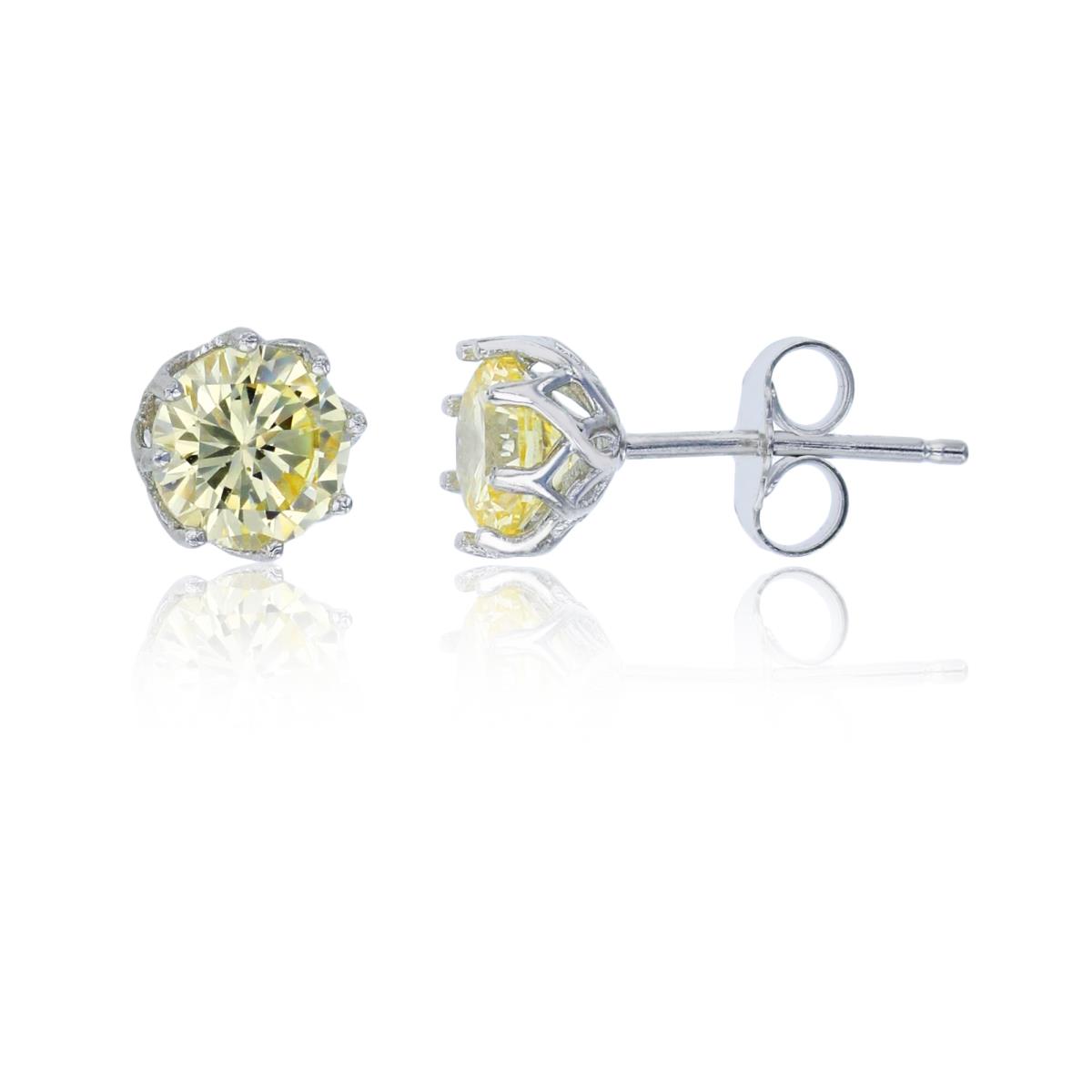 Sterling Silver Rhodium 6mm Canary Yellow Round Cut CZ Solitaire Stud Earring
