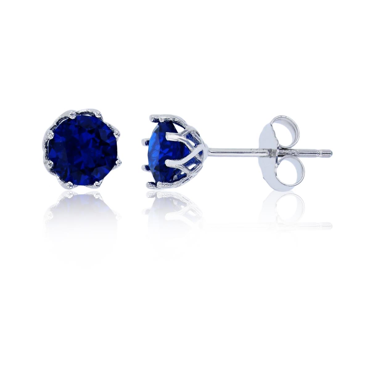 Sterling Silver Rhodium 6mm Sapphire Round Cut CZ Solitaire Stud Earring