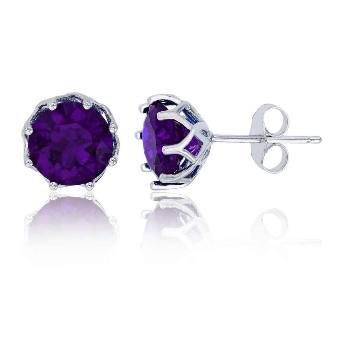 Sterling Silver Rhodium 8mm Amethyst Round Cut CZ Solitaire Stud Earring