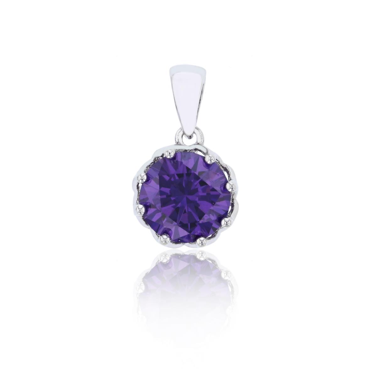 Sterling Silver Rhodium 8mm Amethyst Round Cut CZ Solitaire Pendant