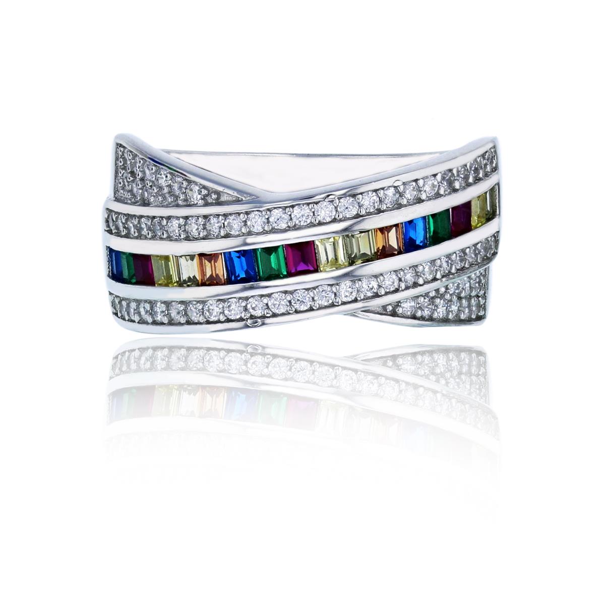 Sterling Silver Rhodium Multi-Row Micropave Rd & Multi Color Baguette CZ Overlapped Anniversary Band Ring