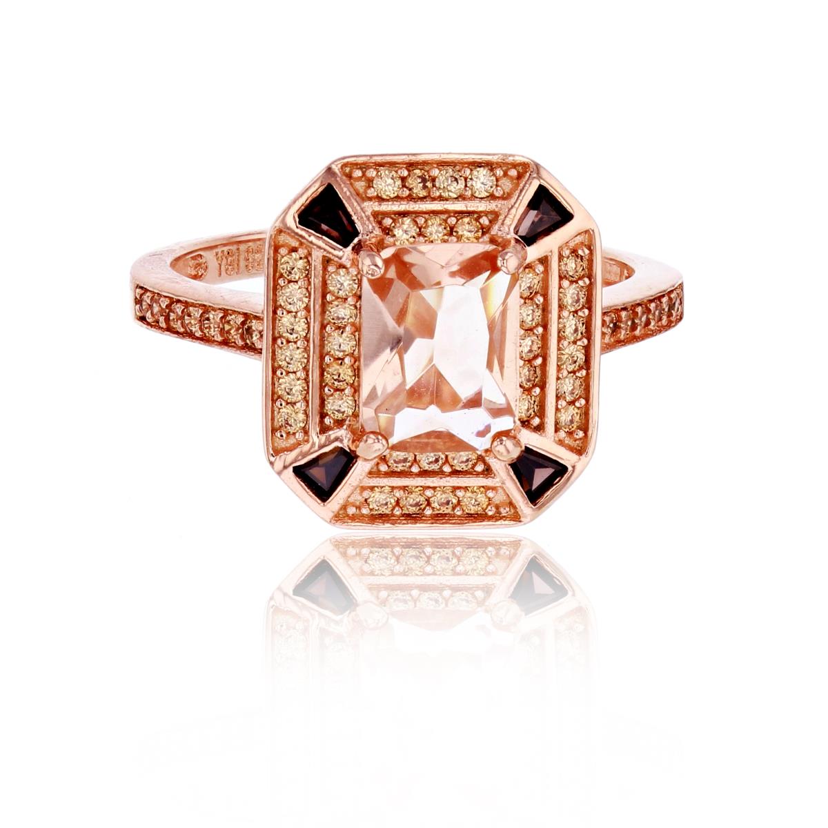 Sterling Silver Rose 1-Micron 8x6mm Morganite Nano Emerald Cut CZ & Micropave Champagne & Brown Double Halo Eng Ring