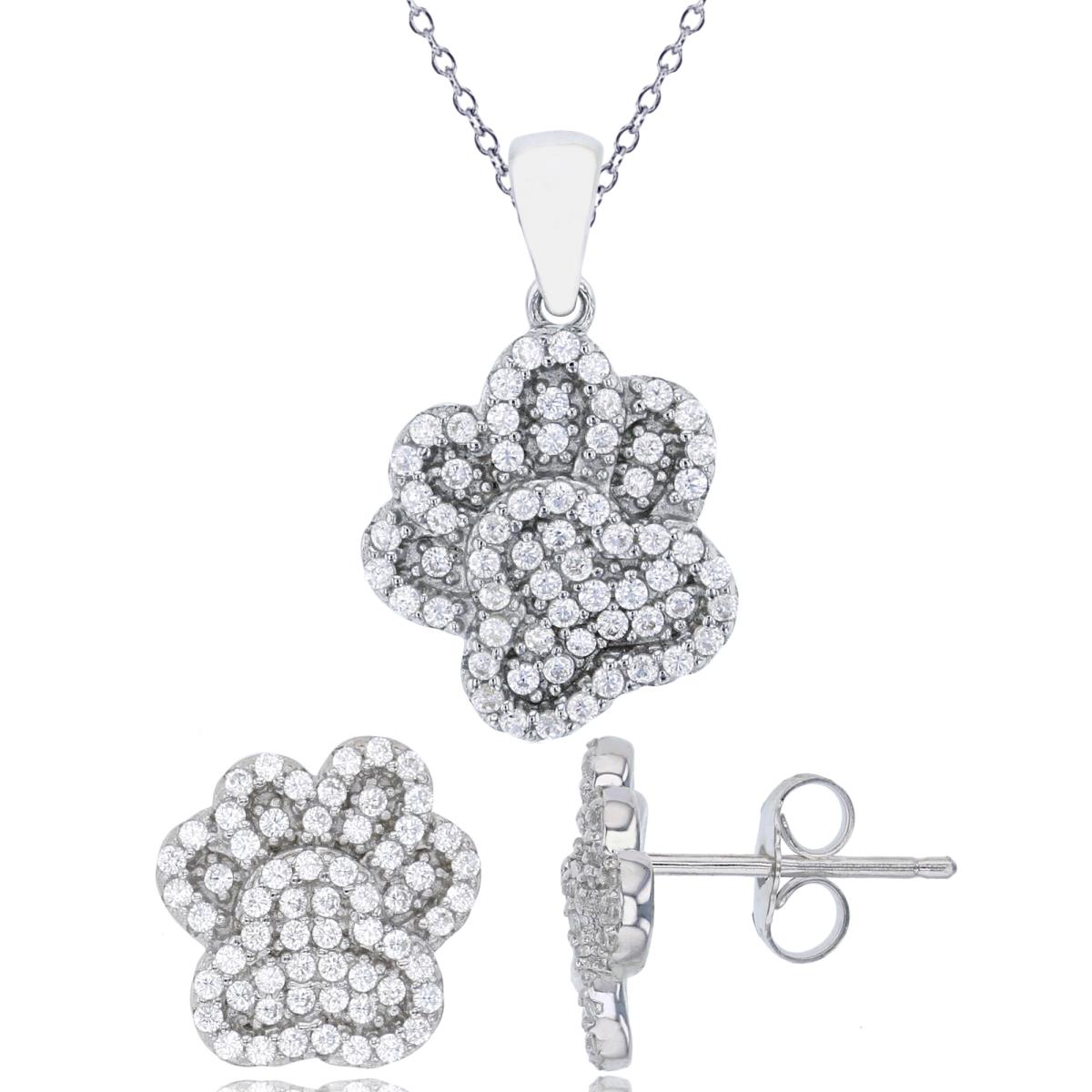 Sterling Silver Rhodium Micropave Paw 18" Necklace & Earring Set