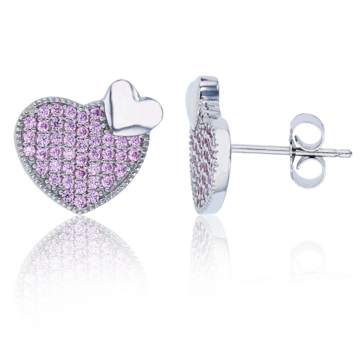 Sterling Silver Rhodium Polished & Micropave Pink Heart Stud Earring