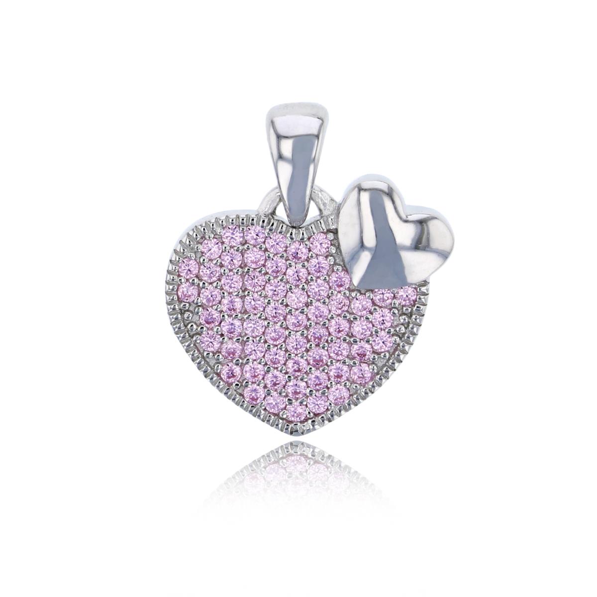 Sterling Silver Rhodium Polished & Micropave Pink Heart Dangling Pendant