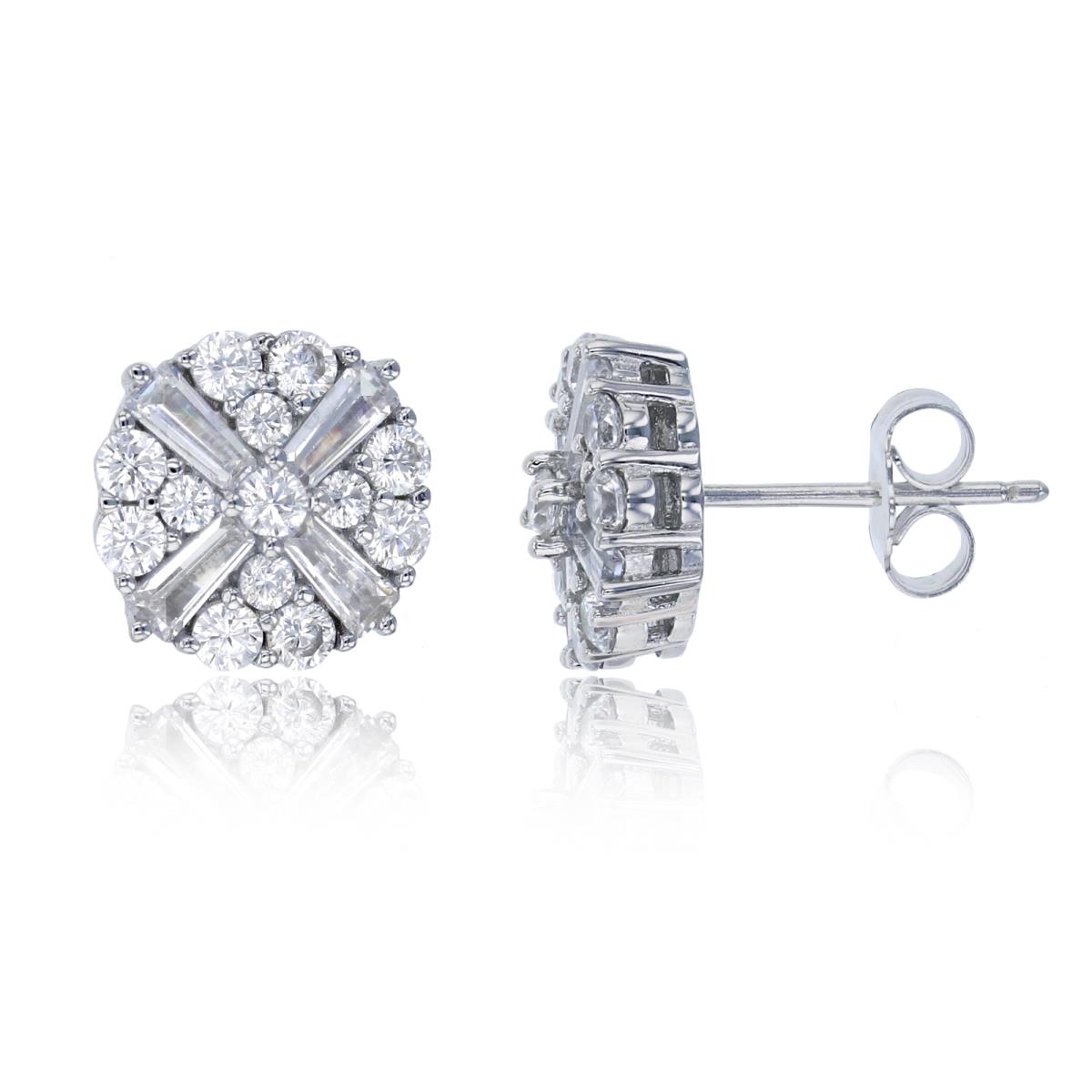 Sterling Silver Rhodium Pave Rd & Baguette CZ Cross Circle Stud Earring