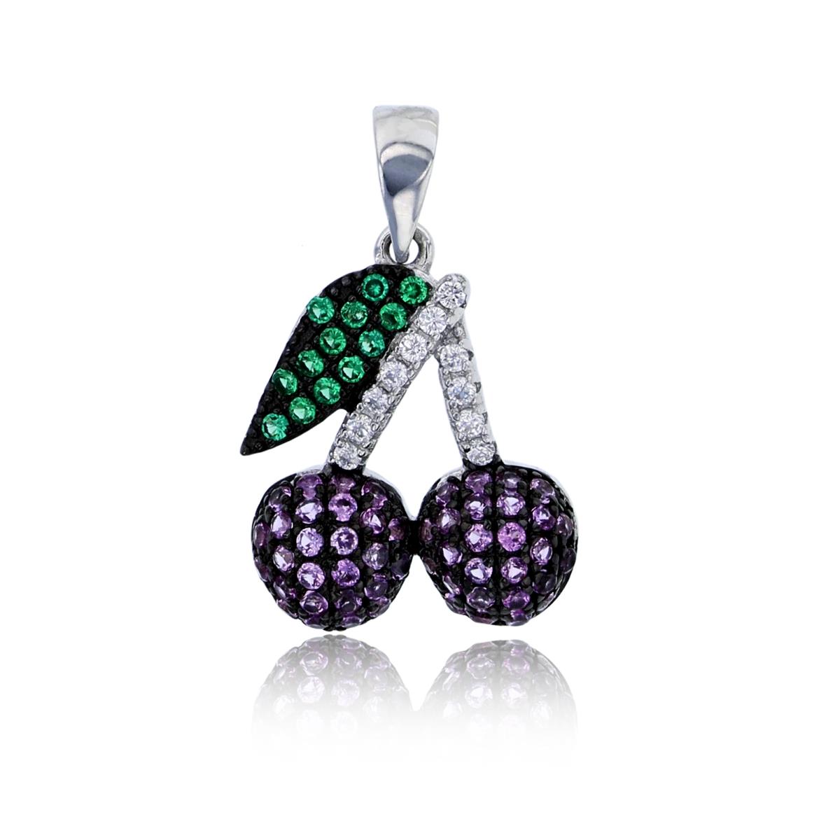 Sterling Silver Black & White Micropave Multi Color CZ Cherry Pendant