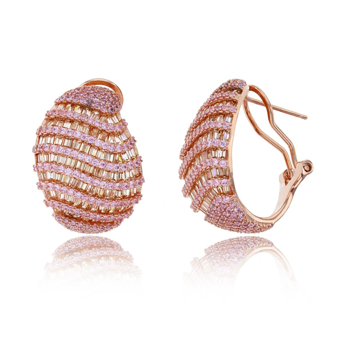 Sterling Silver Rose 25x19mm Pave Pink Rd & Champagne Baguette CZ Shell Omega-Back Huggie Earring
