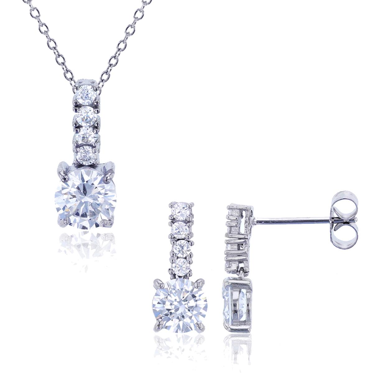 Sterling Silver Rhodium 6mm Rd Solitaire 18" Necklace and 6mm Rd Cut Drop Earring Set