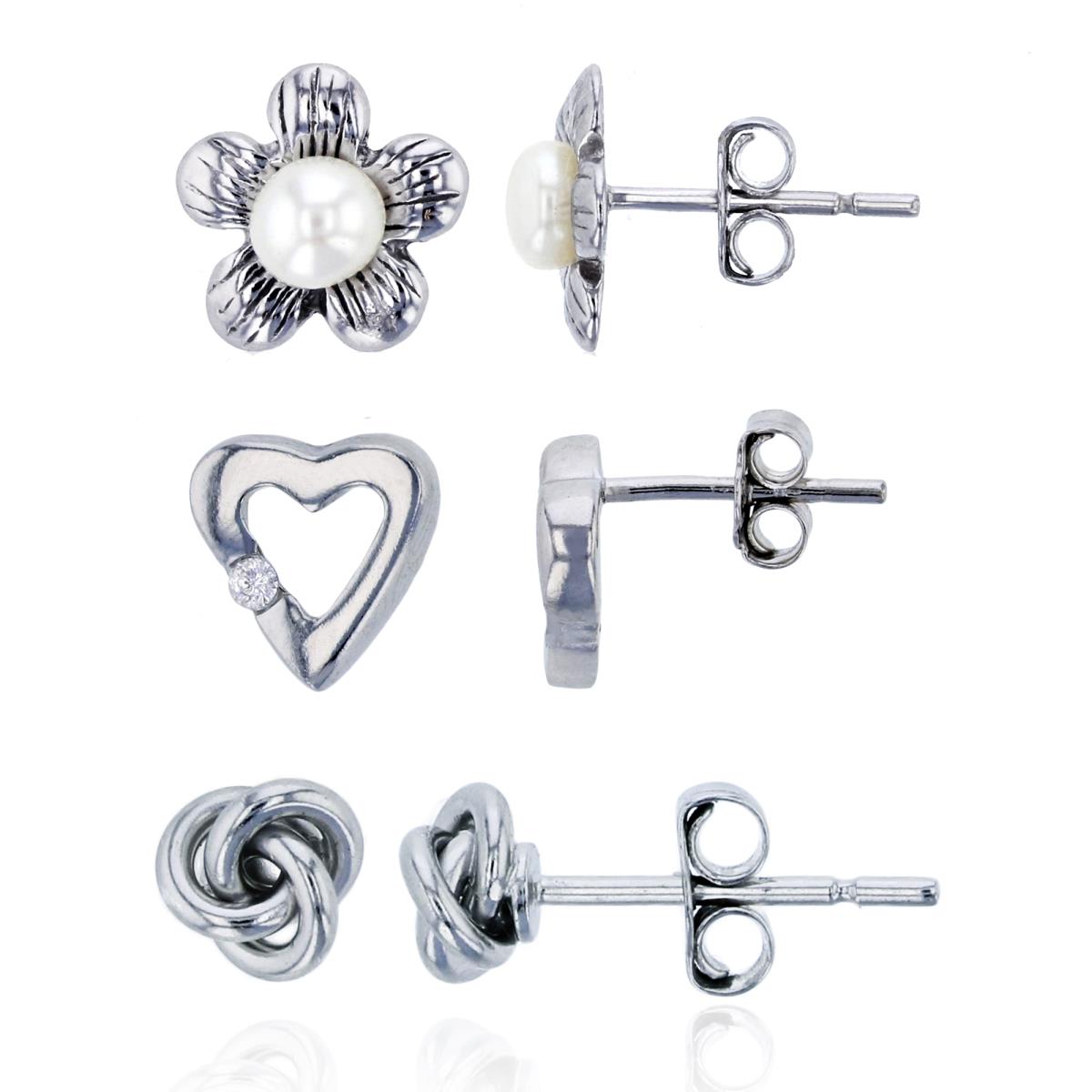 Sterling Silver Rhodium 4mm Freshwater Pearl Flower, Open Heart & 5mm Polished Knot Stud Earring Set