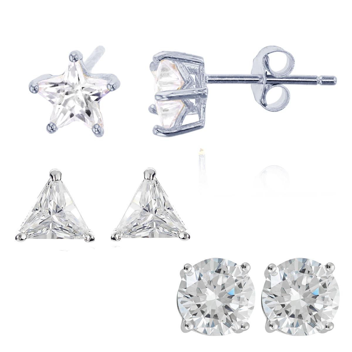 Sterling Silver Rhodium 6mm AAA Star, Trillion & Round Cut Solitaire Stud Earring Set